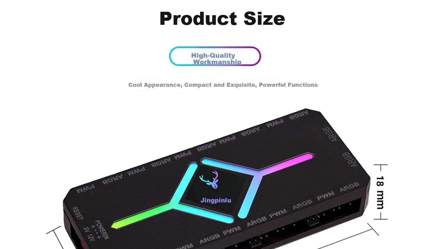 Jingpinlu Multifunctional Asynchronous Controller Black Fan HUB Splitter/Independent Addressing/Asynchronous Control/Same Screen Effects/Remote Control/ARGB Sync PWM Temperature Control 6