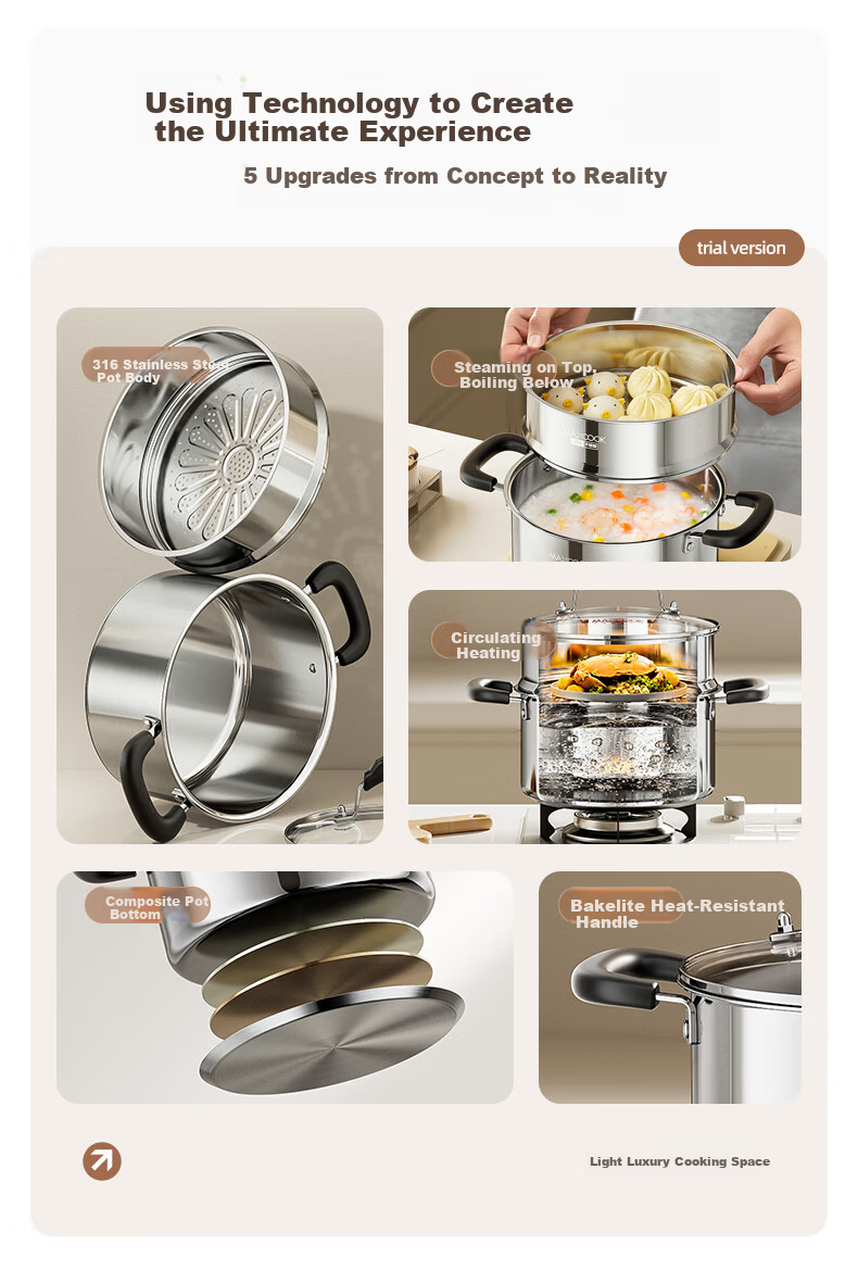 MAXCOOK 20cm 316 Stainless Steel Double-Layer Soup Pot Steamer MCT3013 3