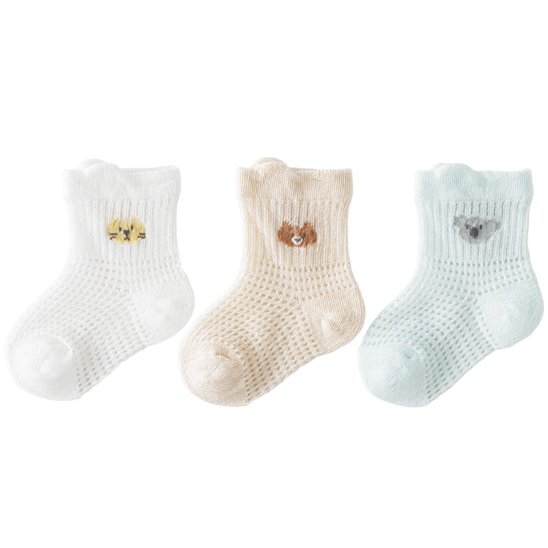 9i9 Baby Socks Summer Thin Mesh Socks Children's Combed Cotton Socks 3 Pairs Mid-calf Cartoon Animal 1-3 Years