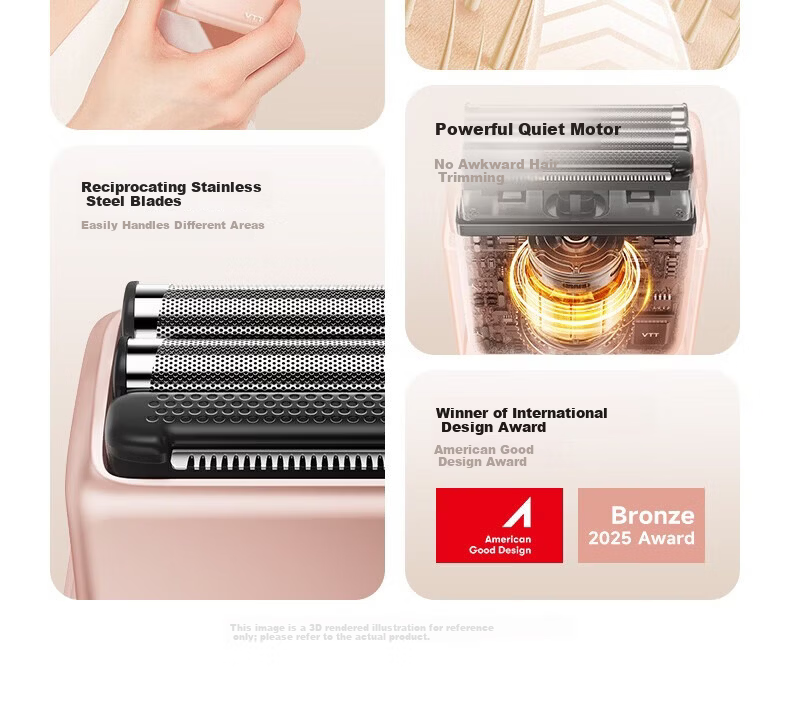 VTT Electric Hair Removal Shaver Reciprocating 3-Head Air9 Clean Shave Smart Mini Portable Epilator for Home Full Body Lips Armpits Legs Private Wet Hair Removal Gift for Men and Women 6
