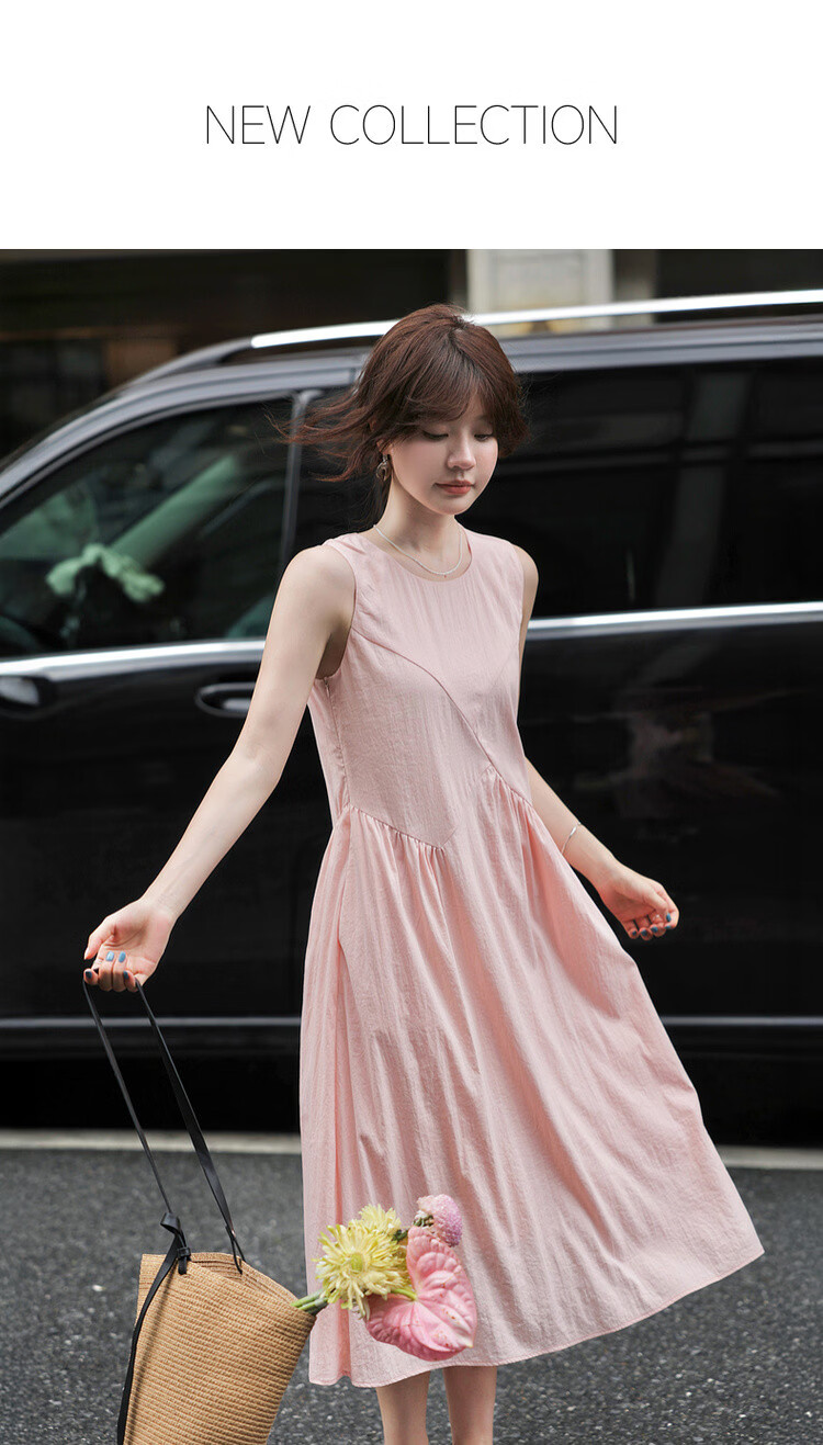 MT Light Oxygen Variations Summer Urban Elegant Round Neck Pleated Splicing Straight Sleeveless Long Dress for Women 1