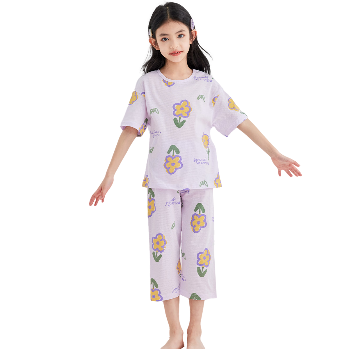 DEESHA [7A Antibacterial Cotton Mesh Jacquard] Girls' Lightweight Breathable Five-Sleeve Eight-Length Pajama Set Air Conditioning Wear