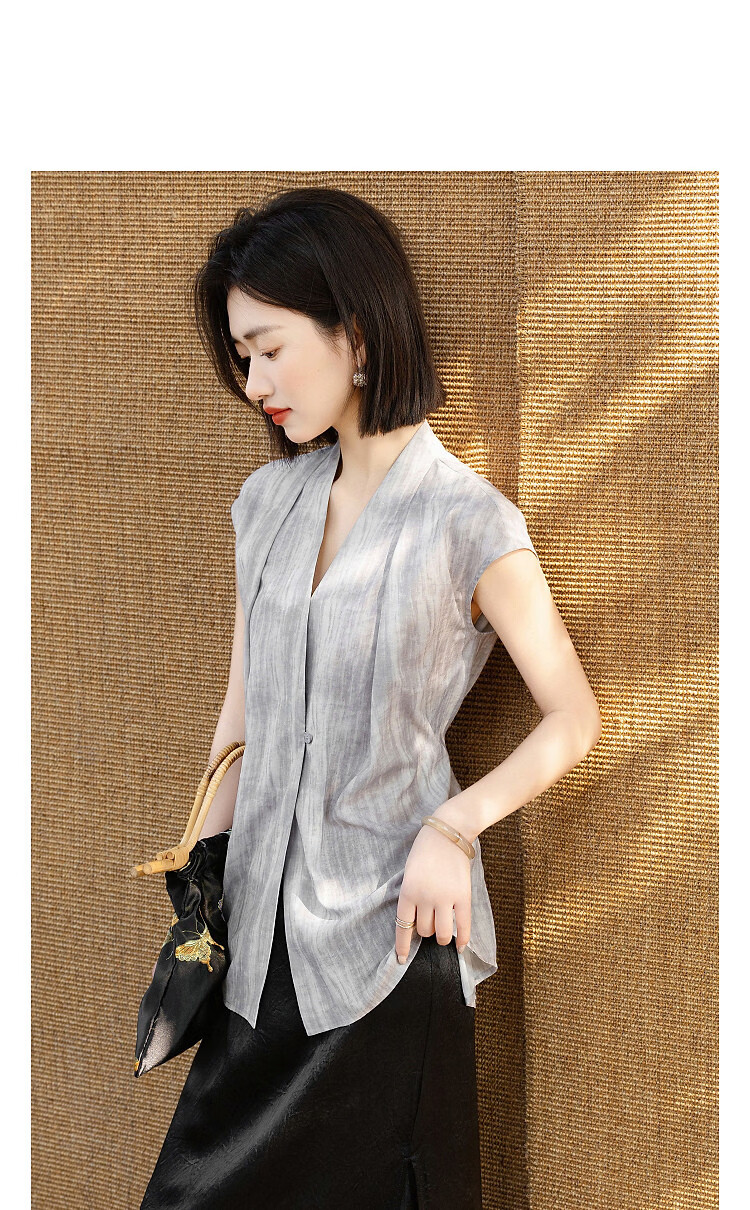 Demana Artistic Atmosphere Summer Design Cross V-Neck Pleated Sleeve Slim Fit Shirt for Women High-End Feel 11