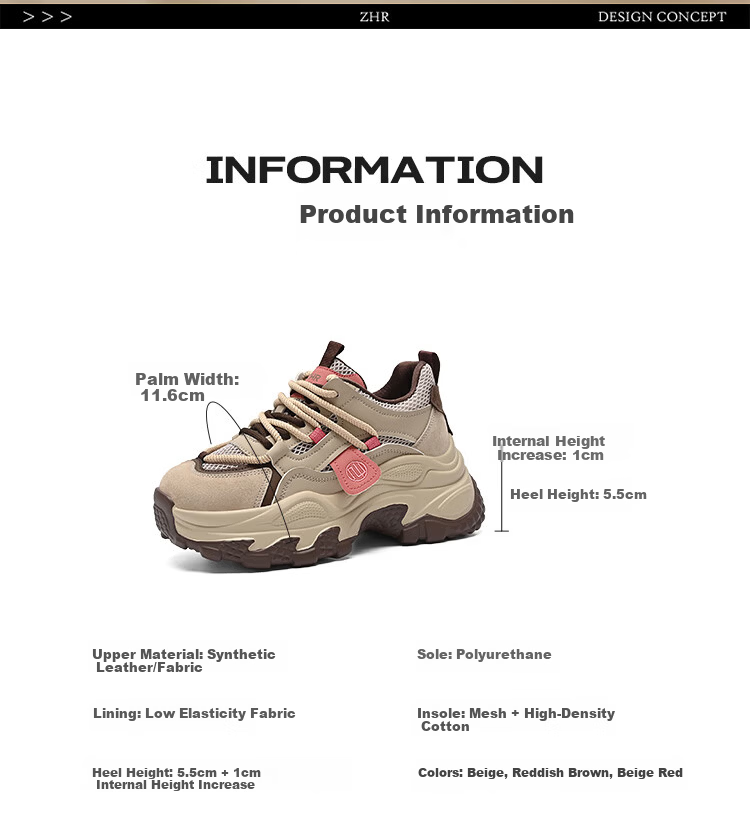 ZHR Women's Dad Sneakers Spring New Thick Sole Small Height Increase Casual Sports Shoes KS268 Red Brown Size 36 6