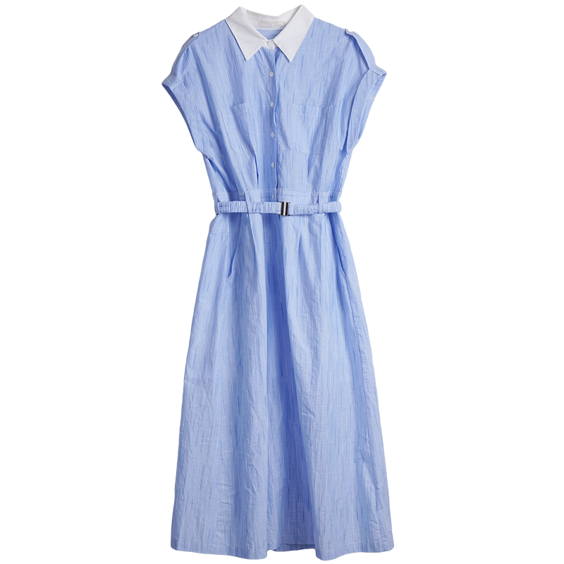 Olrain European Style Summer French Commuter Striped Shirt Dress Waist Slimming Elegant Short Sleeve Dress Blue S