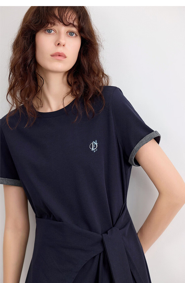 Demana [Cool Sorona] Summer Korean Style Round Neck Embroidered Patchwork Colorblock Short Sleeve Waist Cinched Short Dress for Women 20
