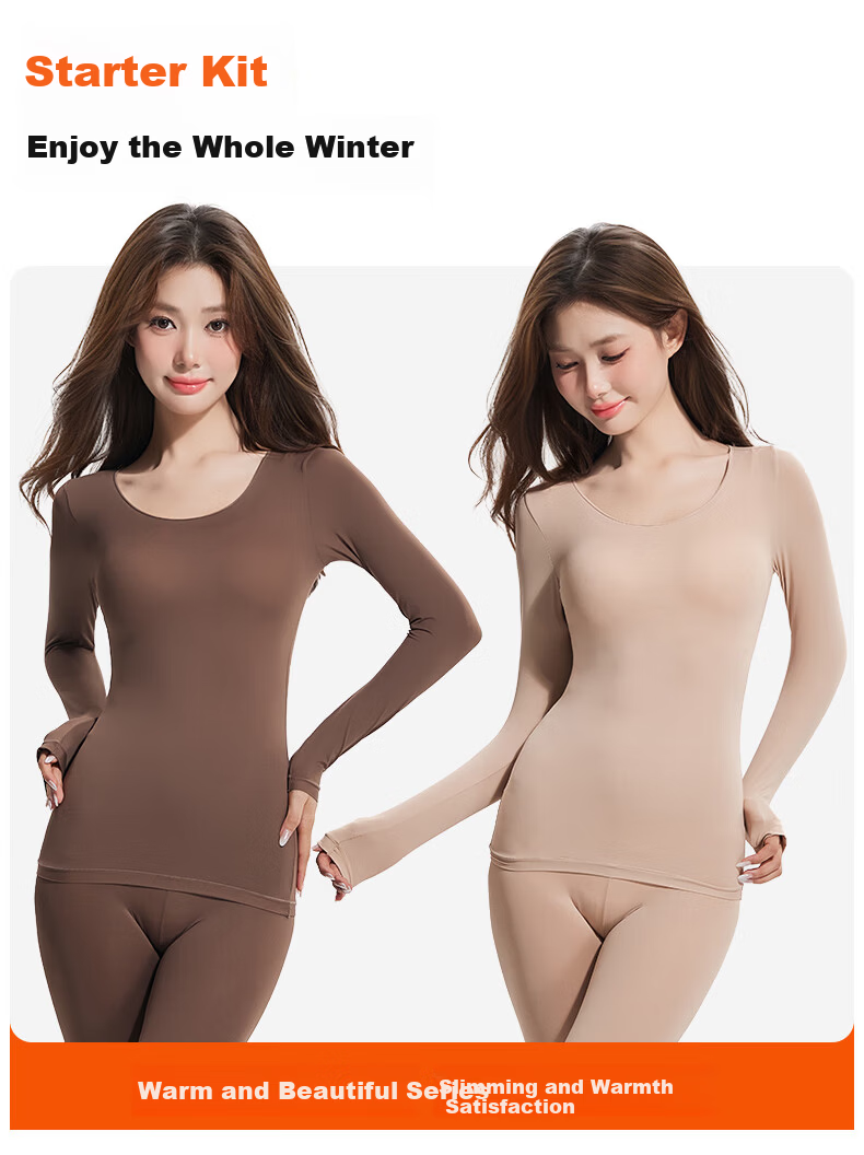 OEING Hyaluronic Acid Ultra-Thin Thermal Underwear for Women, Skin-Enhancing, High Elasticity, Slim Fit, Seamless Autumn and Winter Base Layer Set (Top and Bottom) 4