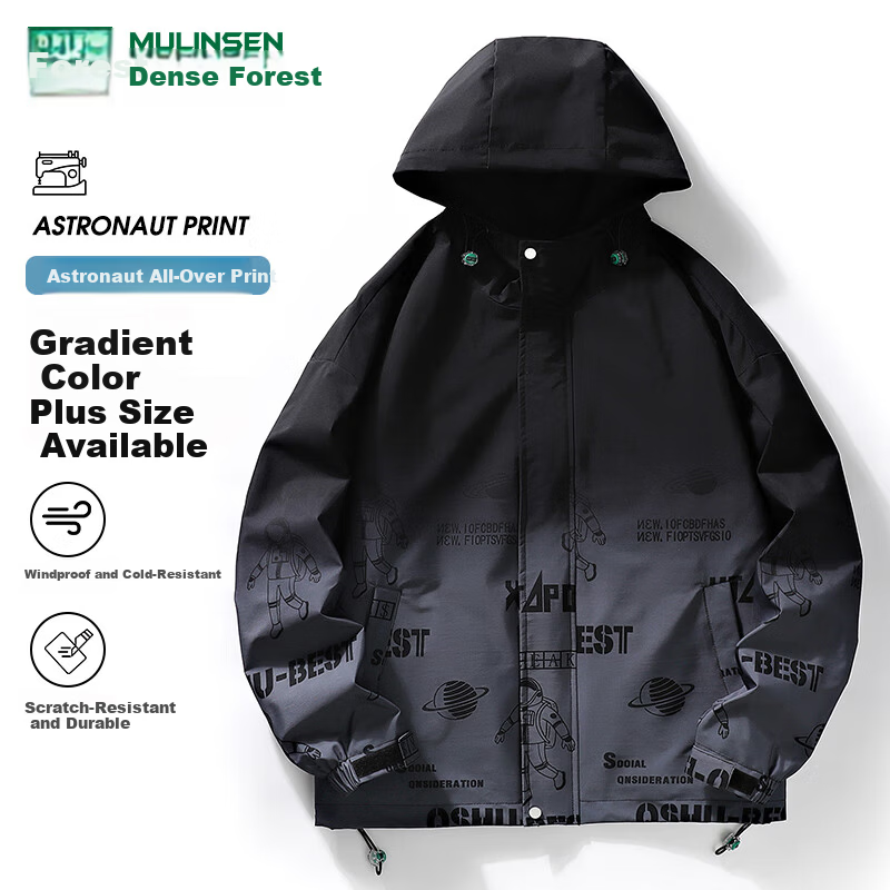 MULINSEN Men's Hooded Jacket Loose Gradient Color Plus Size Spring Autumn Trendy Top Black 2XL