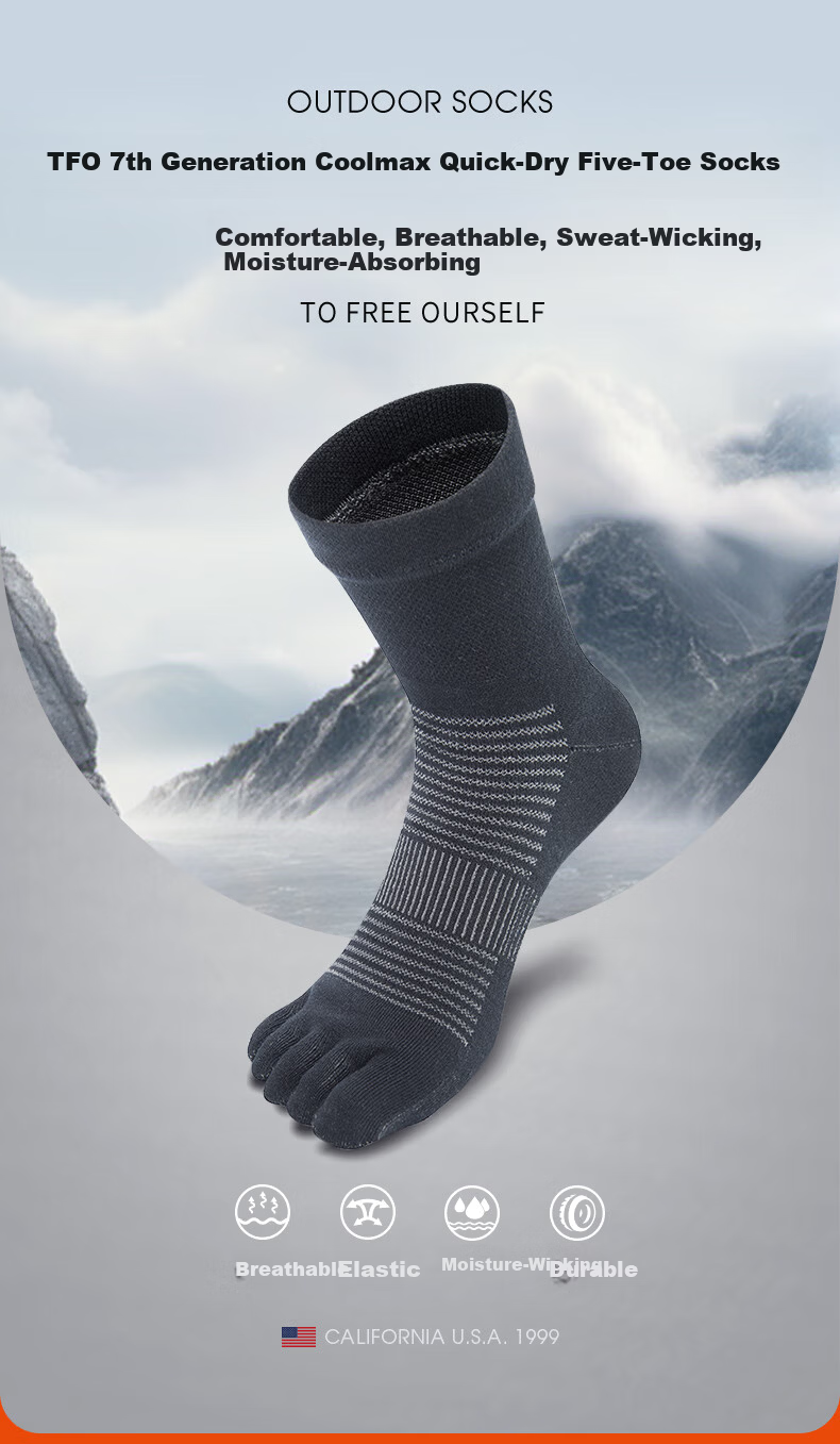 TFO DuPont Coolmax Outdoor Five-Toe Socks Quick-Dry Toe-Separated Outdoor Running Hiking Socks 2902502 Black L 2