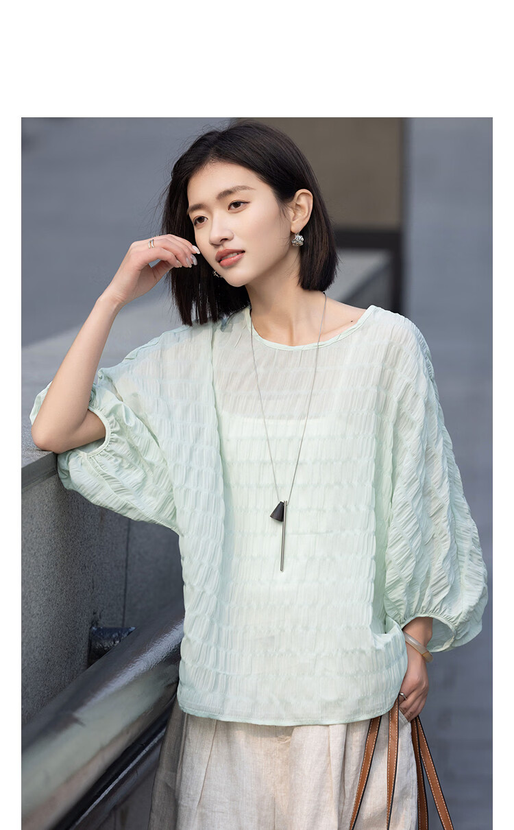 Demana "Ephemeral Dream" Summer Elegant Round Neck Raglan Batwing Sleeve Loose Slim Fit Petite Shirt for Women Premium Feel 11