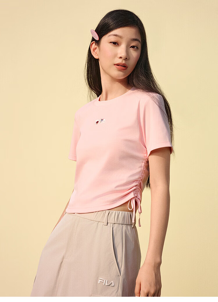 FILA Yang Mi Same Style Knitted Short Sleeve Shirt Women 2026 Summer Side Drawstring Fashion Casual Embroidered Logo Slim T-Shirt 30