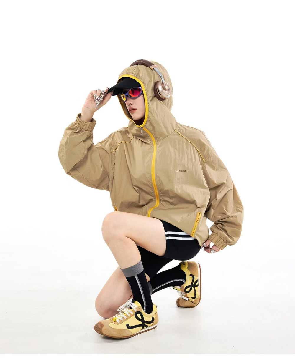 ICH MODE Colorblock Physical Sunscreen Jacket Women Spring Summer New Hooded UV Protection Coat Light Blue M 32