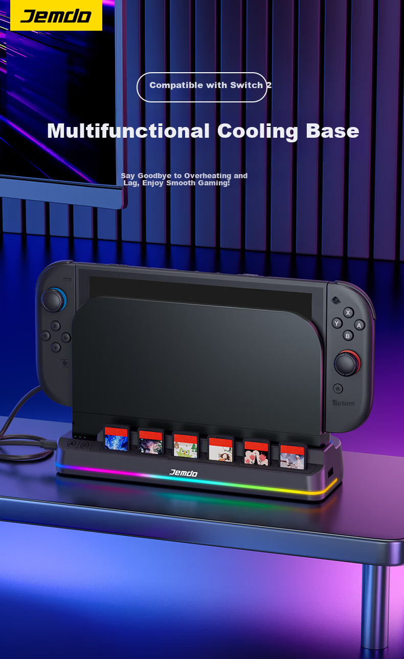 Jemdo Cooling Base Fan for Nintendo Switch 2 OLED Storage Stand Cooling Device NS Auto Start-Stop Game Card TV Mode Accessory 2