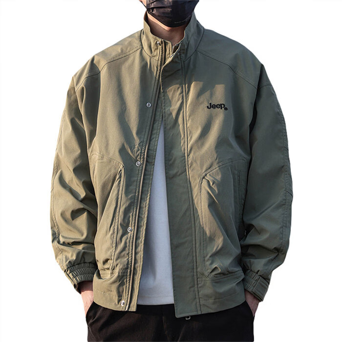 JEEP Men's Jacket Spring Autumn Stand Collar Casual Loose Outdoor Coat Black XL