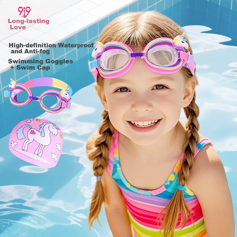 9i9 Kids Swimming Goggles Girls Professional Waterproof HD Diving Gear F39 Pink Goggles + Swim Cap