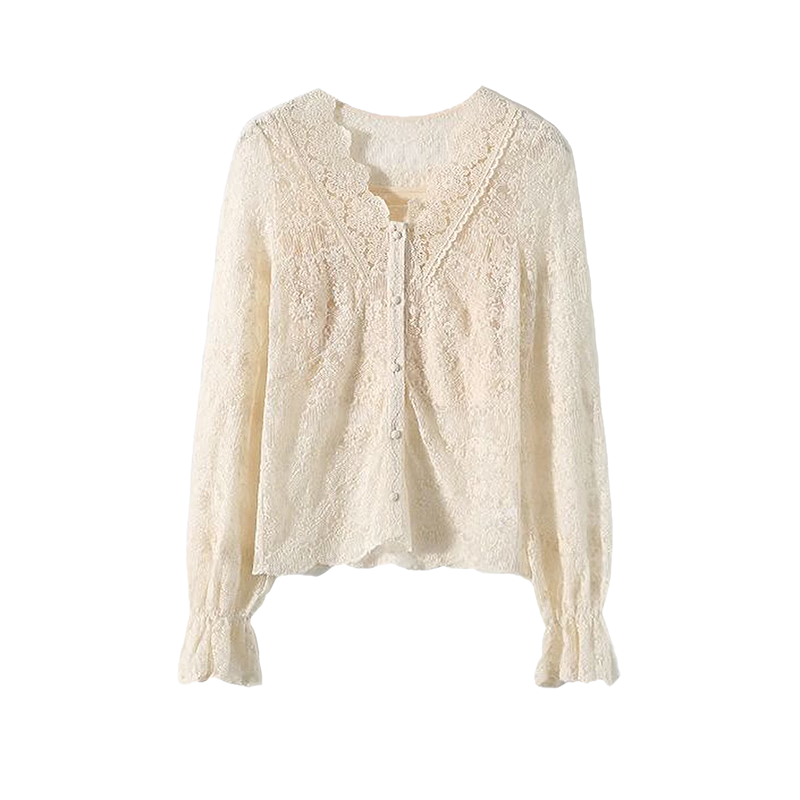 Demana Gentle Milk Cream Spring French Style V-Neck Lace Trim Pearl Button Slimming Shirt for Women Premium Feel