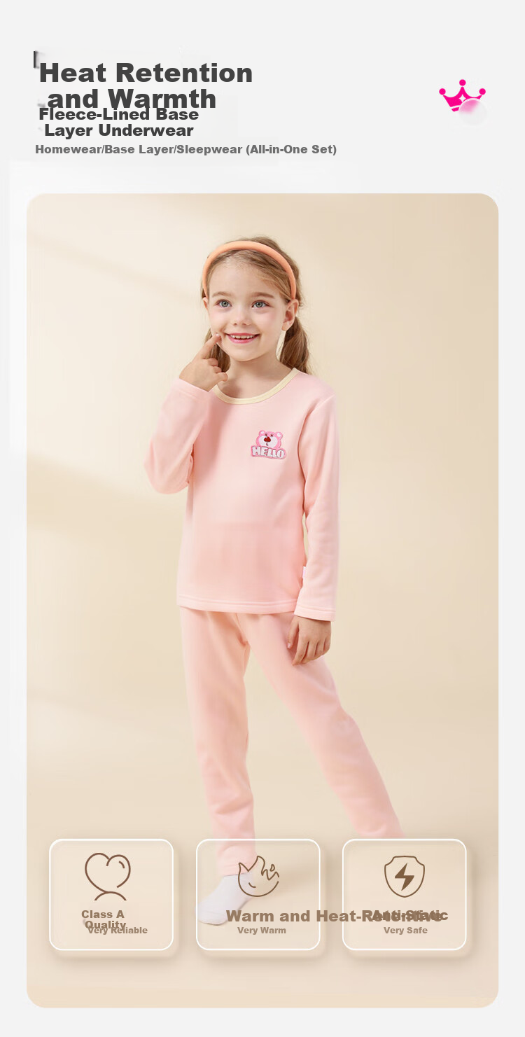 DEESHA Fleece-Lined Thickened Children's Thermal Underwear Set for Girls Autumn Base Layer Pajamas School Uniform Essential 1