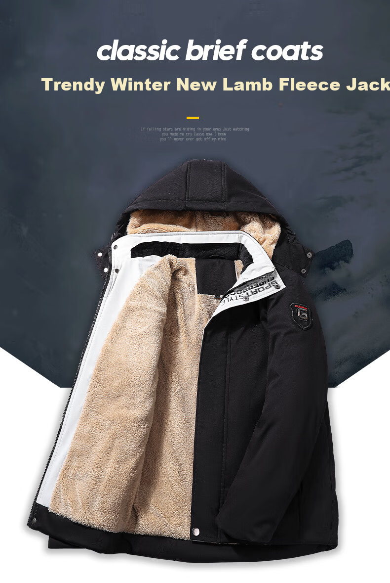 Miiow Men's Cotton Jacket Autumn Winter Lamb Wool Hooded Thickened Warm Coat Dark Gray 2XL 1