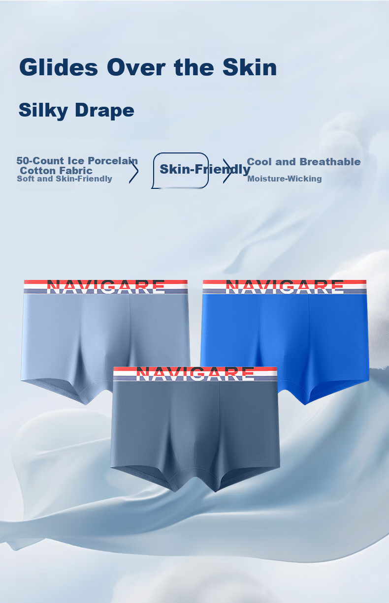 Navikail 3-Pack Men's Boxer Briefs with Mulberry Silk Crotch, Quick-Dry, Breathable Four-Season New Small Sailboat Design 1
