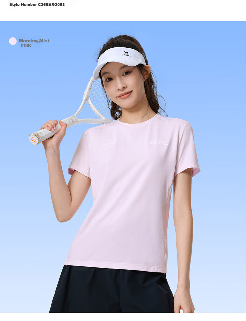 CAMEL Quick-Dry Women's Ice-Feel Sun Protection Crew Neck Short Sleeve Sports T-Shirt C26BARLG053 Morning Smoke Pink L 25