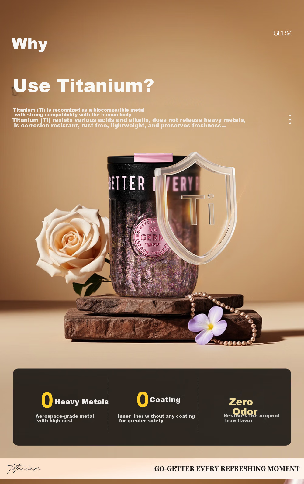 Germ Pure Titanium Insulated Double-Drink Straw Coffee Cup Women's Gift Water Bottle Gift Box Titanium Cup 400ML Gold Trim 4