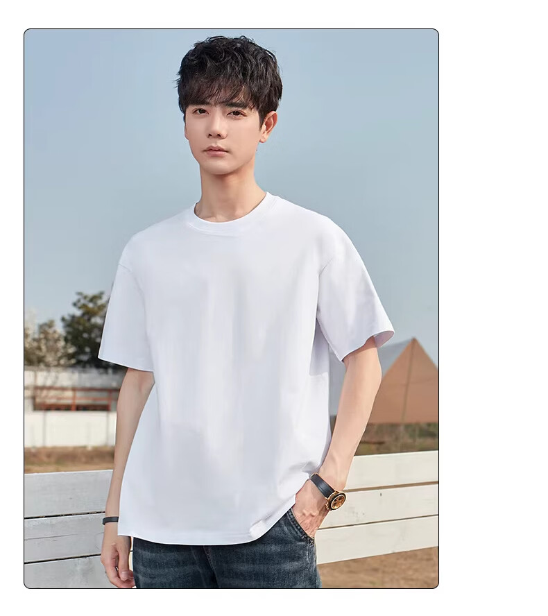 Borui Heavyweight Pure Cotton White Short Sleeve T-Shirt Men 2026 New Solid Color Basic Round Neck Tee 16