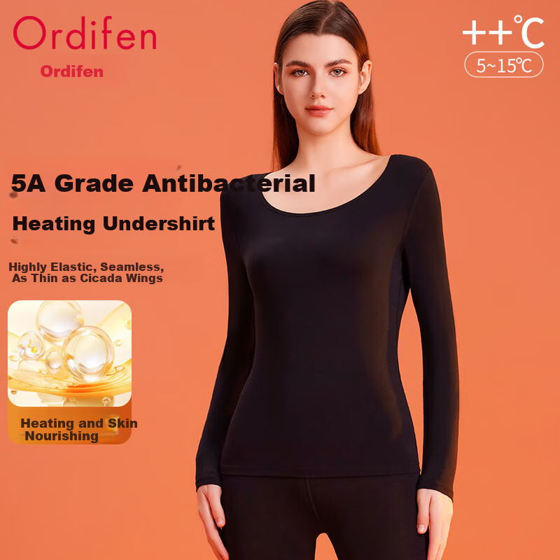 Ordifen Modal Crew Neck Autumn Shirt Women's Thermal Underwear Antibacterial Heat Retaining Cotton Sweater Black L