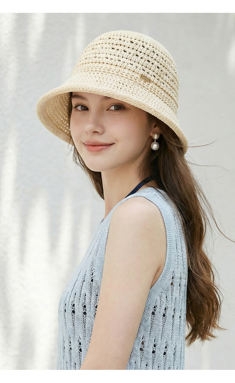 CACUSS Hollow Weave Sun Hat for Women Summer Outdoor Face-Slimming Retro Breathable Bucket Hat Khaki 9