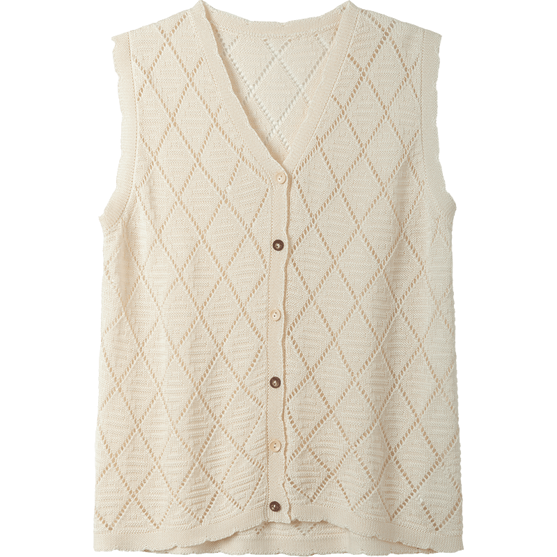 Demana [With Mulberry Silk/Sheep Wool] Summer V-Neck Diamond Pattern Hollow Jacquard Sleeveless Knit Top for Women Premium Feel
