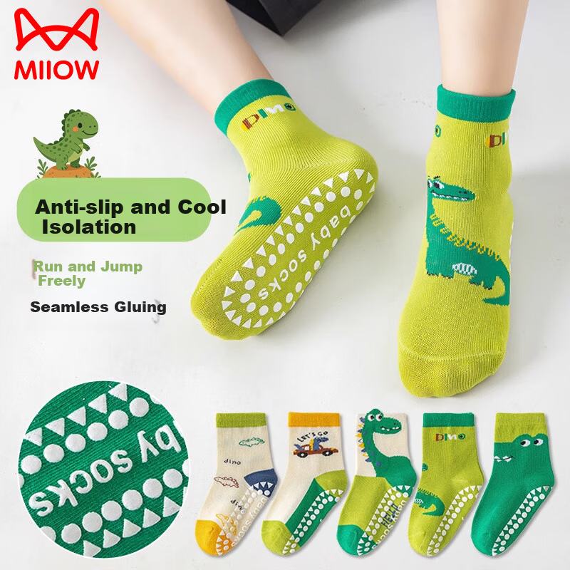 MiiOW Kids Non-Slip Anti-Cold Cotton Autumn Winter Boys Floor Socks Cartoon Green Dinosaur Sports Indoor Baby Socks