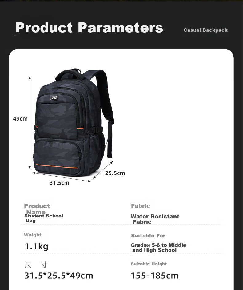 361° High School Student Backpack Large Capacity Water-Resistant Camouflage Black Travel Shoulder Bag for Middle and University Students 15