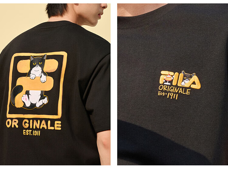 FILA Official Couple's Knitted Short Sleeve Shirt 2026 Summer Fashion Casual Unisex Loose Cat Embroidery T-Shirt 30