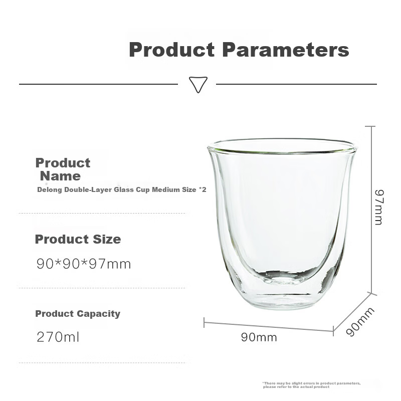 Delonghi Double Wall Glass Coffee Cups Gift Set, Home Insulated Large Capacity, Milk Coffee Latte Americano Tea Cups, 2 Pieces (270mL*2)
