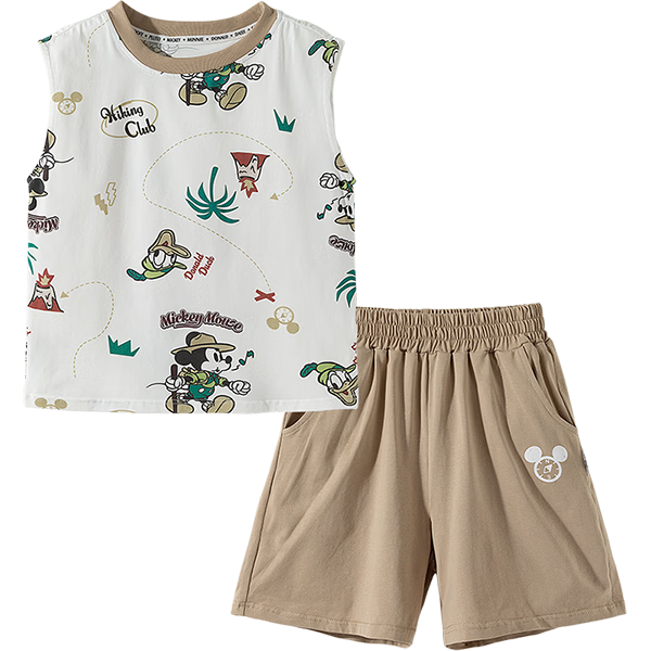 Disney Summer New Boys Cooling Set Mickey Breathable Vest T-Shirt Casual Shorts Sports Two-Piece Set Khaki 140