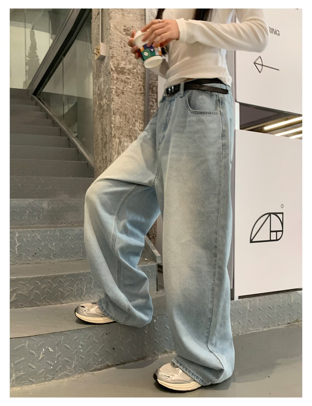 ICH MODE "Versatile Favorite" Loose Slimming Lazy Casual Straight-Leg Jeans Women's Wide-Leg Pants Light Blue S 4