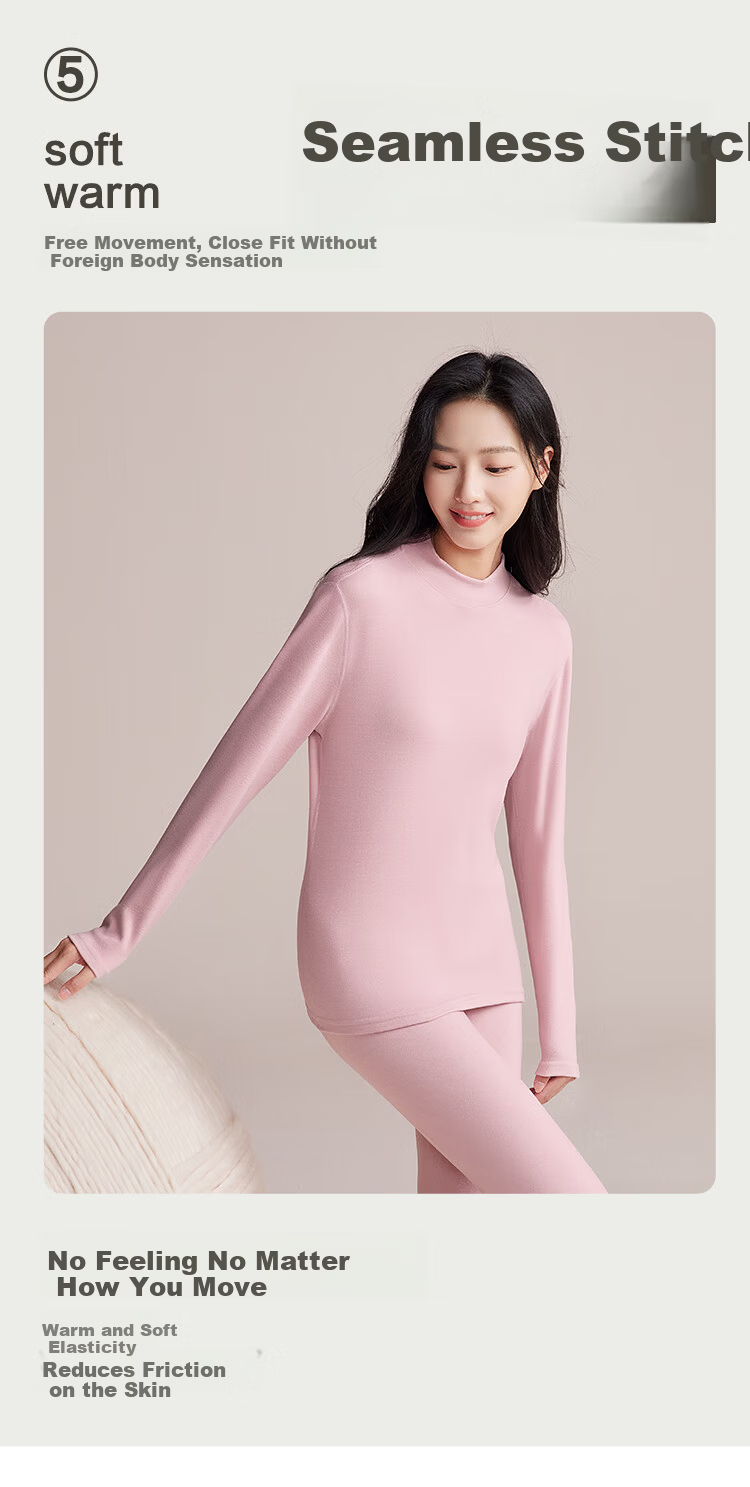 Hongdou Women's Thermal Underwear Set with Cashmere and Mulberry Silk, Semi-Turtleneck Brushed Base Layer Autumn Top and Bottom Set 4