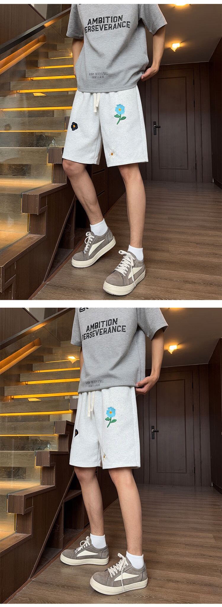 Dingfengbaoluo Cotton Feel Casual Sports Shorts Men Summer Loose Floral Embroidery Simple Five-Point Pants SJ44 White Flower Gray M 6