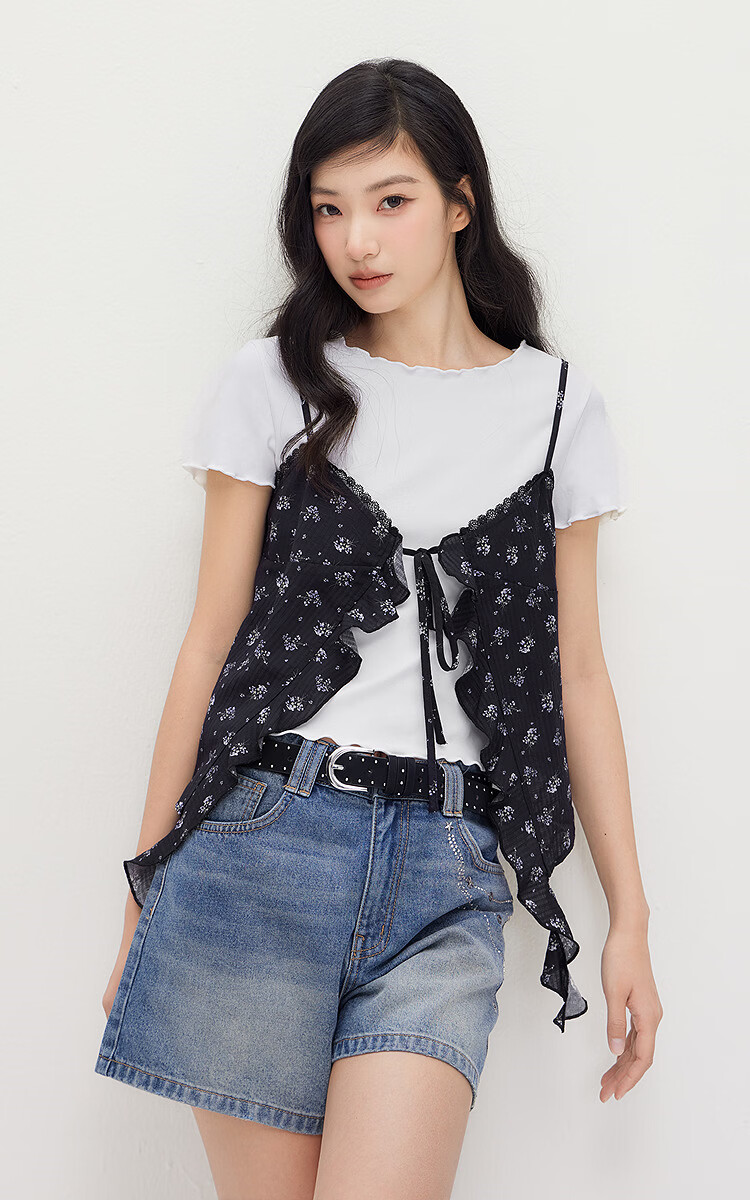Semir Women's Summer Short Lace T-Shirt Floral Textured Camisole 2026 Vintage Two-Piece Set 109326117004 2