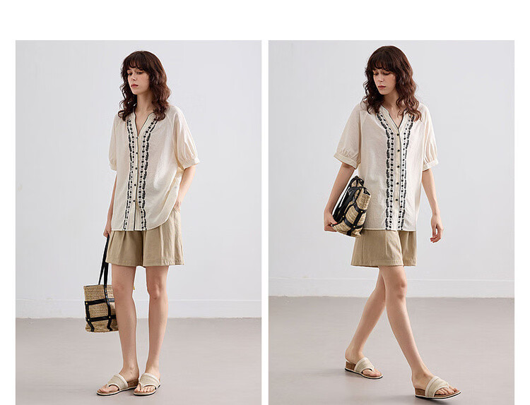 Demana Ethnic Style Color-Block Embroidered Shirt Women Summer New Literary V-Neck Loose Short Sleeve Top 11