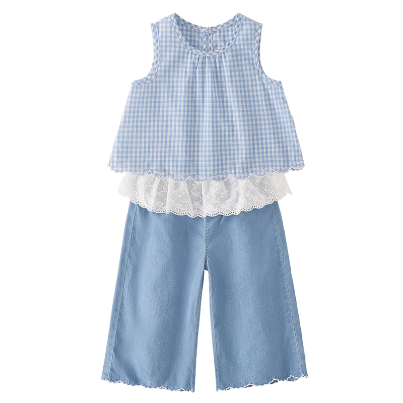 JELLYBABY French Lace Sleeveless Fashion Set New Summer Girls' Vest/Strap Top + Long Pants for Older Kids