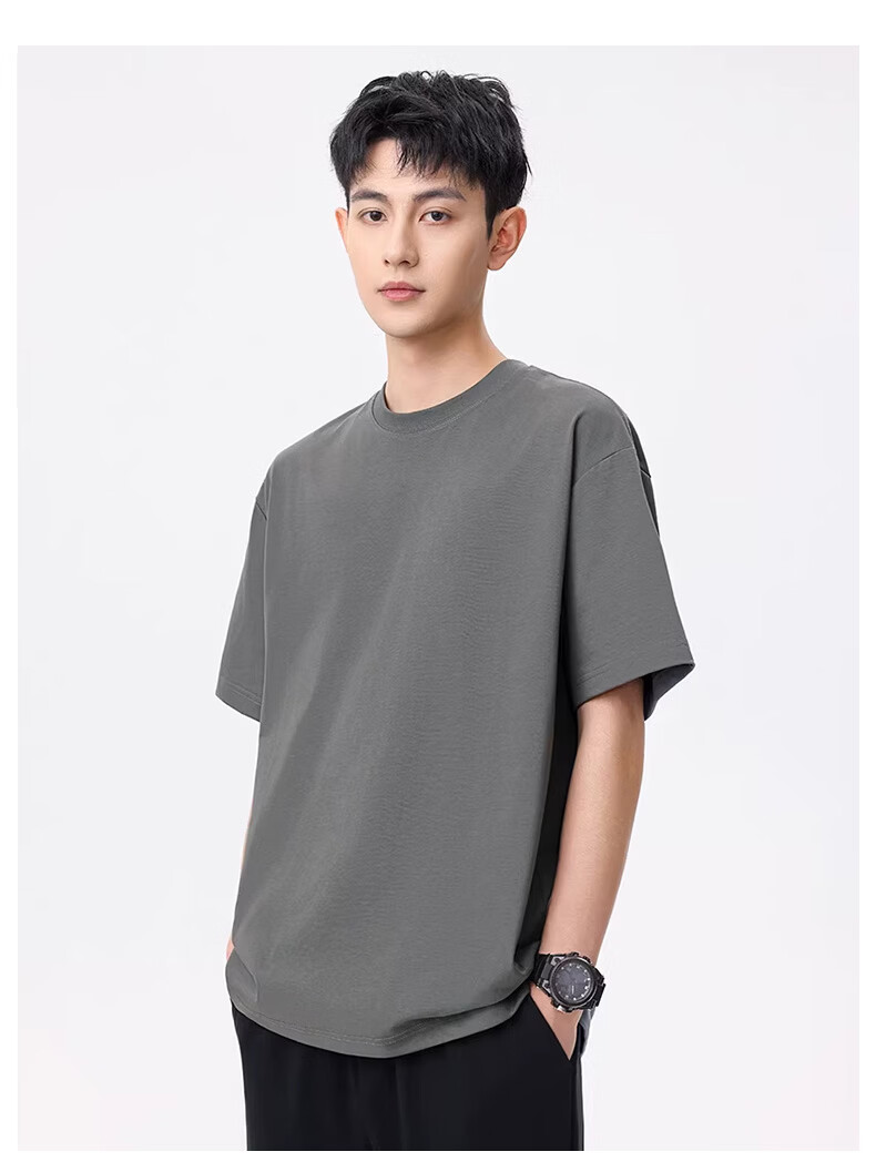 Borui Xinjiang Heavyweight Pure Cotton Short Sleeve T-Shirt Men Summer White Crew Neck Loose Thick Non-Transparent Base Shirt 14
