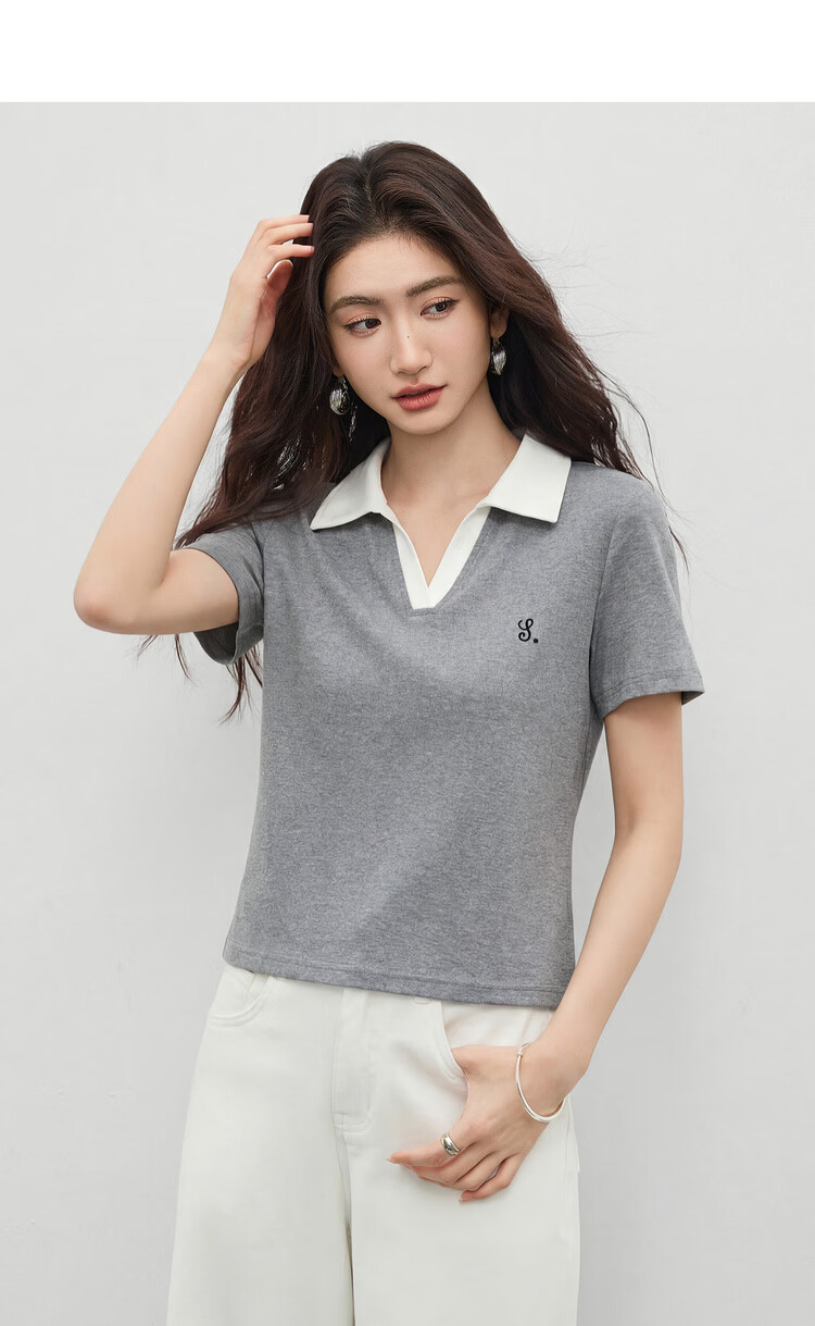 Shangdu Bila Korean Style Simple Cotton Blend T-Shirt Women Summer Polo Collar Color-Block Embroidered Casual Top Stretch Striped Short Sleeve Inner Wear 3