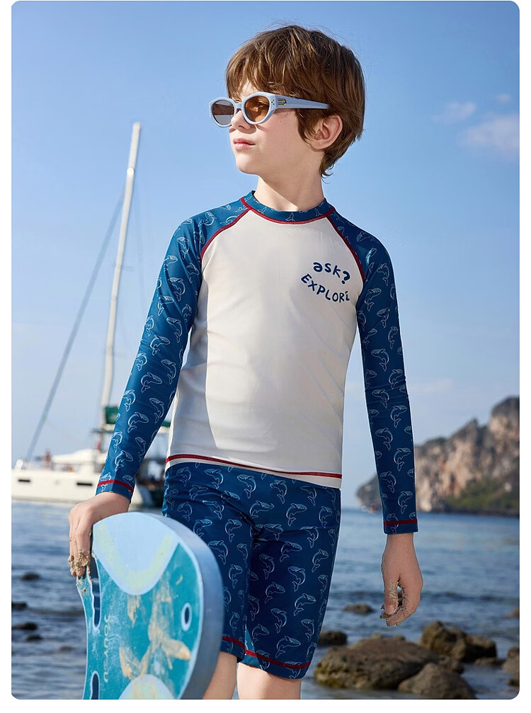 ASK JUNIOR 【Sun Protection & Chlorine Resistant】Quick-Dry Children's Two-Piece Swimsuit with Swim Cap Summer Boys' Professional Training Wear for Older Kids 11