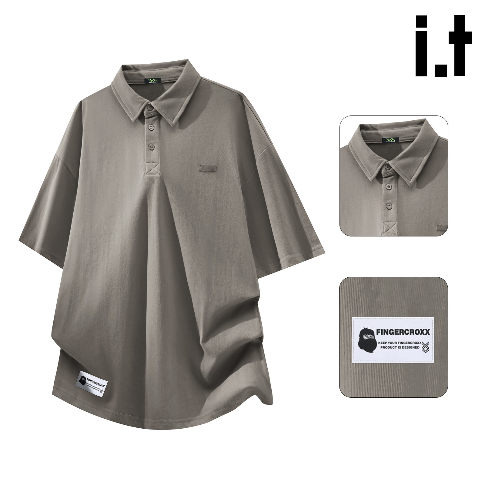 Fingercroxx IT Trendy Casual Polo Shirt Men Summer New Design Short Sleeve T-Shirt Top Gray Green L