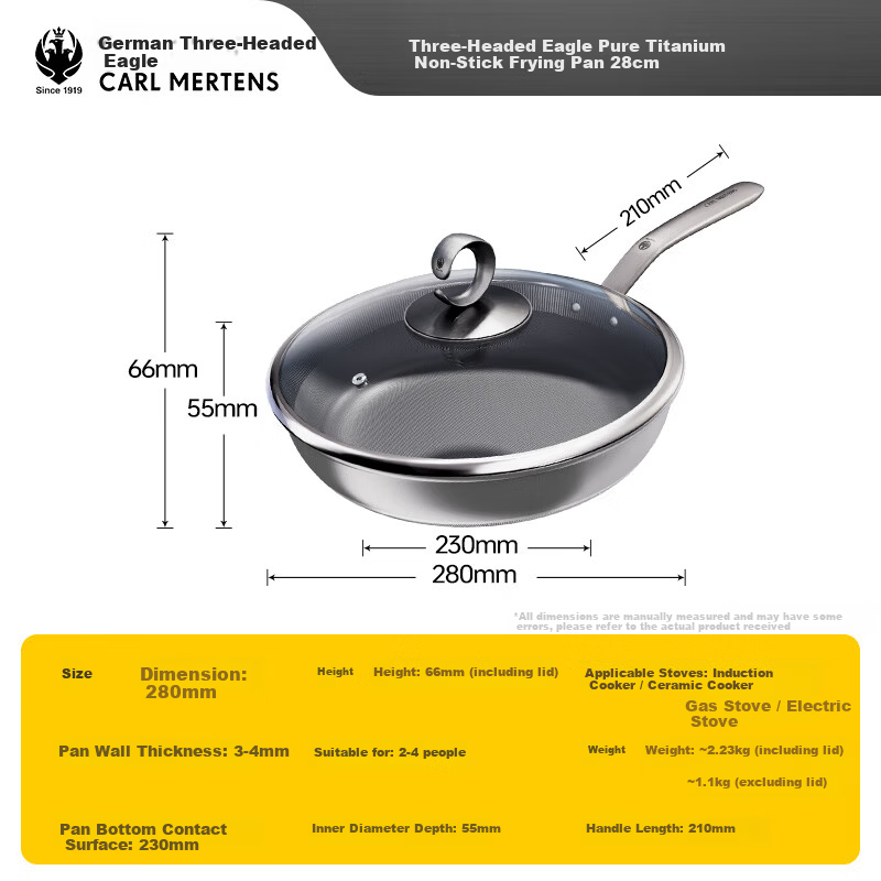 CARL MERTENS Pure Titanium 28cm Frying Pan Non-Stick Coating Multi-Purpose Gas and Induction Compatible with Lid