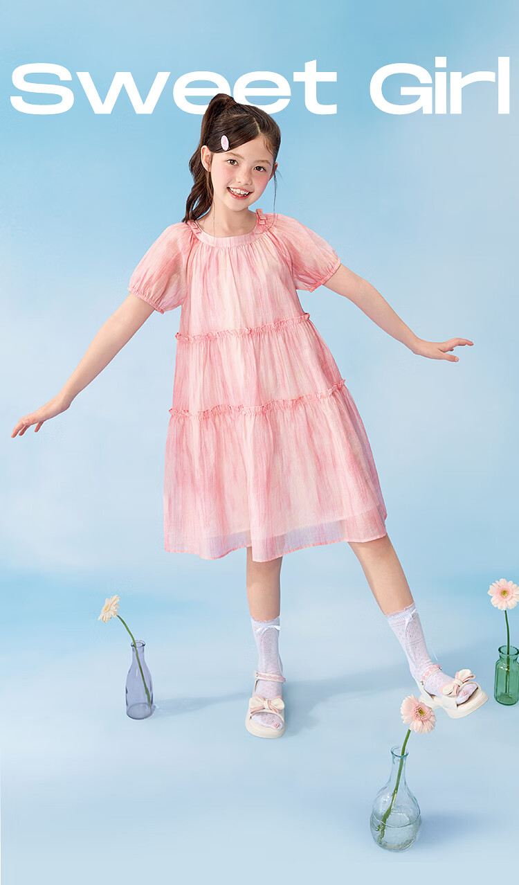 Balabala Kids Dress Girls' Dress 2026 Summer New Big Kids Puff Sleeve Princess A-line Sweet Dress 2