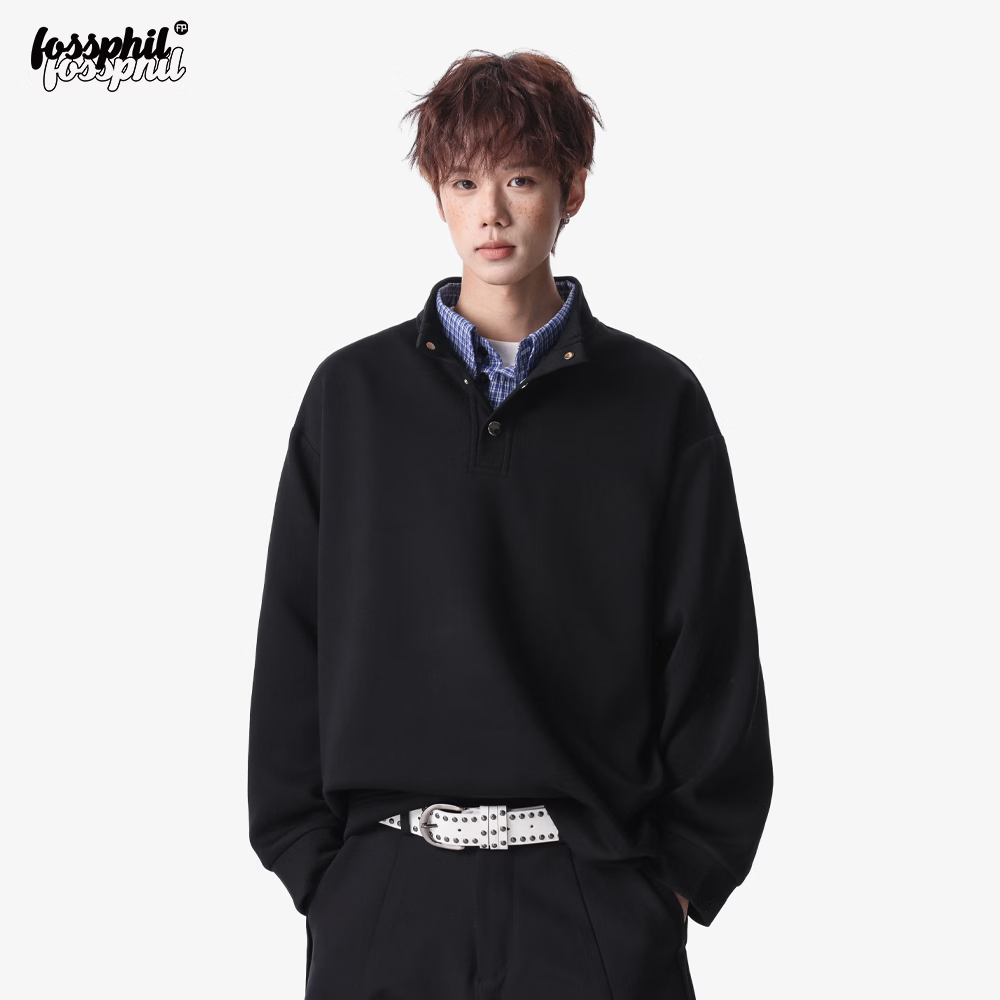 Foss Phil Men's Long Sleeve Sweatshirt Spring Summer American Polo Shirt High Street Vintage Loose Fit Top Black M W6061