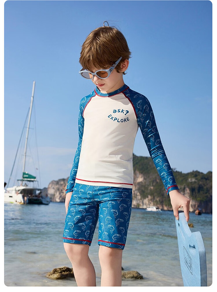 ASK JUNIOR 【Sun Protection & Chlorine Resistant】Quick-Dry Children's Two-Piece Swimsuit with Swim Cap Summer Boys' Professional Training Wear for Older Kids 10