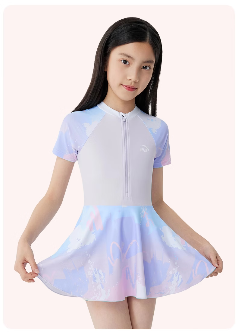 ANTA Kids Girls One-Piece Skirted Sunscreen Swimwear Youth Student Large Child Hot Spring Swimsuit Pink 170 11