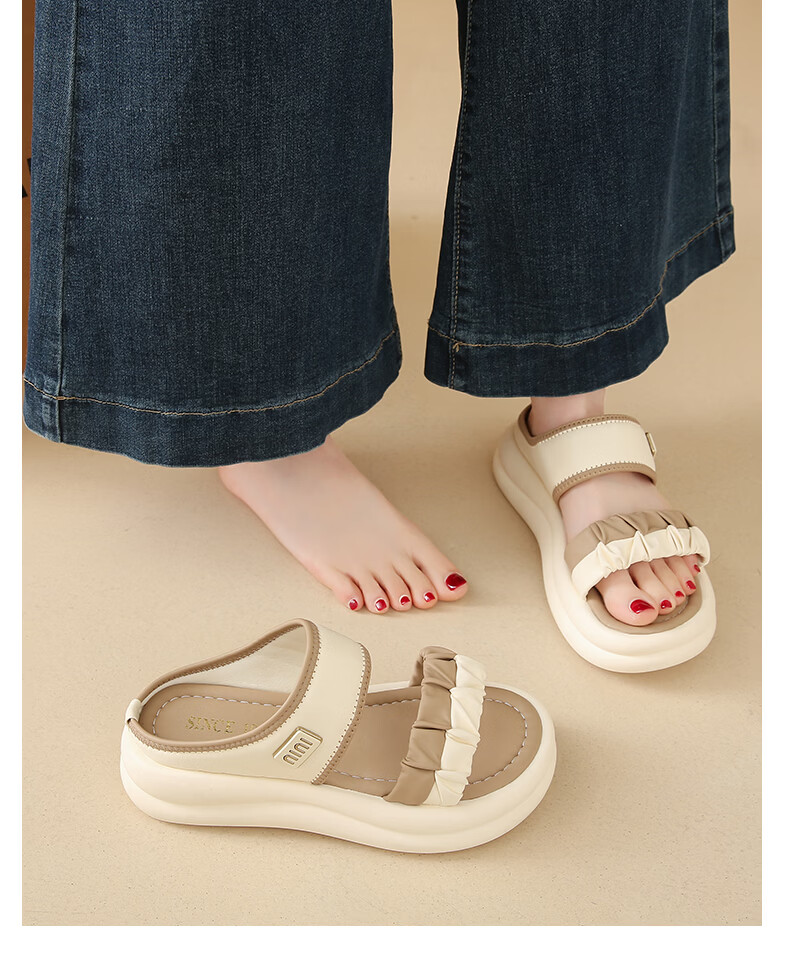 CARTELO Women's Casual Shoes Summer New Fashion Pleated Thick Sole Soft Sole Beach Sandals for Women 1810 Beige Size 36 8